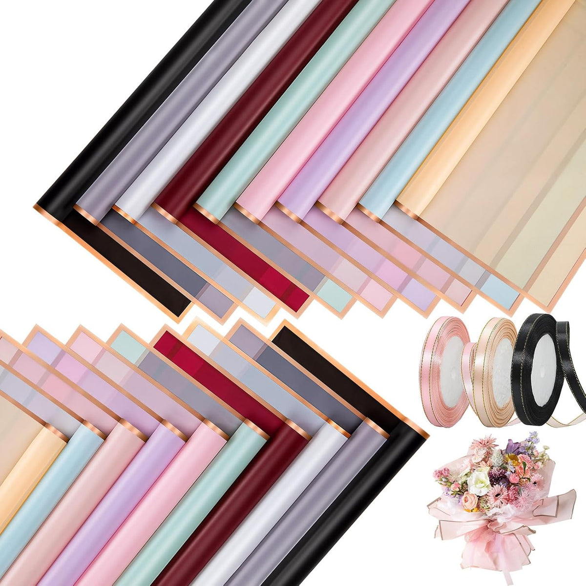 100 Sheets Flower Wrapping Paper with Pure Color Flower Bouquet Wrapping Paper for Waterproof DIY Crafts Packaging, 22.8x22.8 inch (10 Colors) with 3 Ribbons
