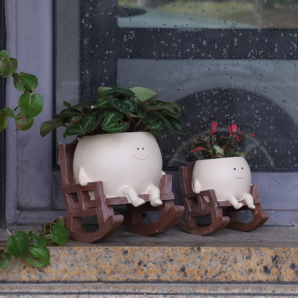 Smily Face Planter Pot Cute Resin Flower Head Planters for Indoor Outdoor Plants Unique Sitting Rocking Chairs