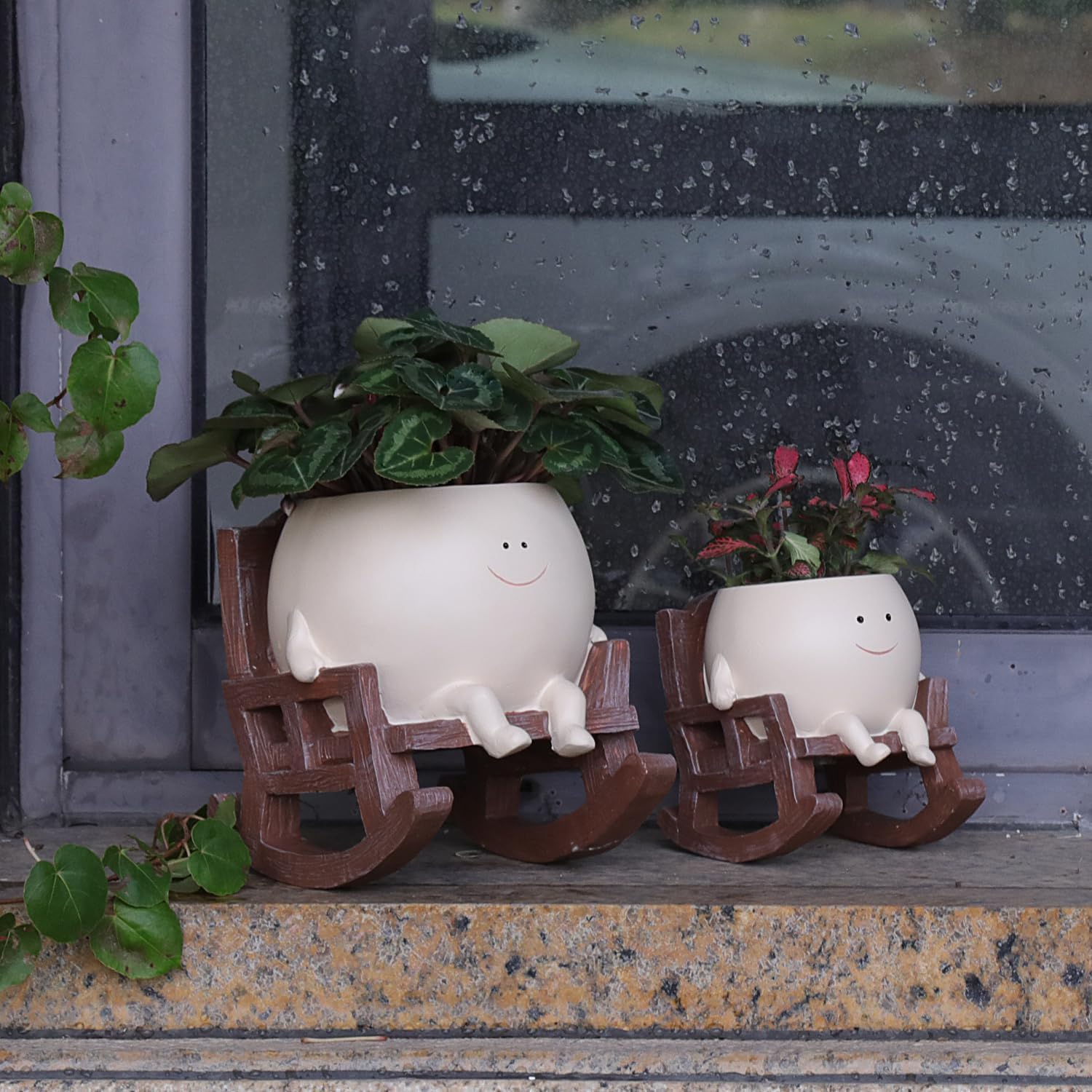 Smily Face Planter Pot Cute Resin Flower Head Planters for Indoor Outdoor Plants Unique Sitting Rocking Chairs