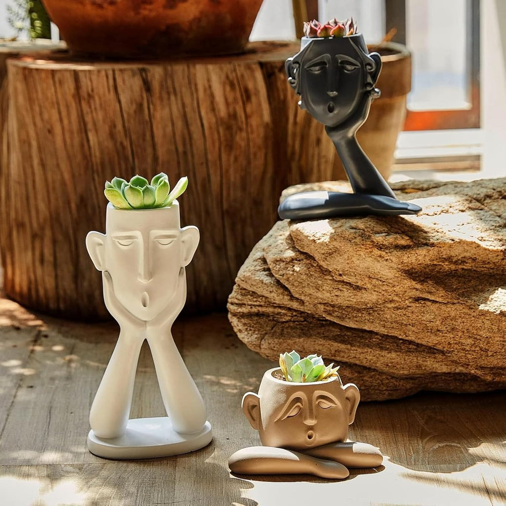 GUTE Human Face Shaped Succulent & Flower Planter Pots - Set of 3- Figurines for Garden - Indoor Outdoor Decorative