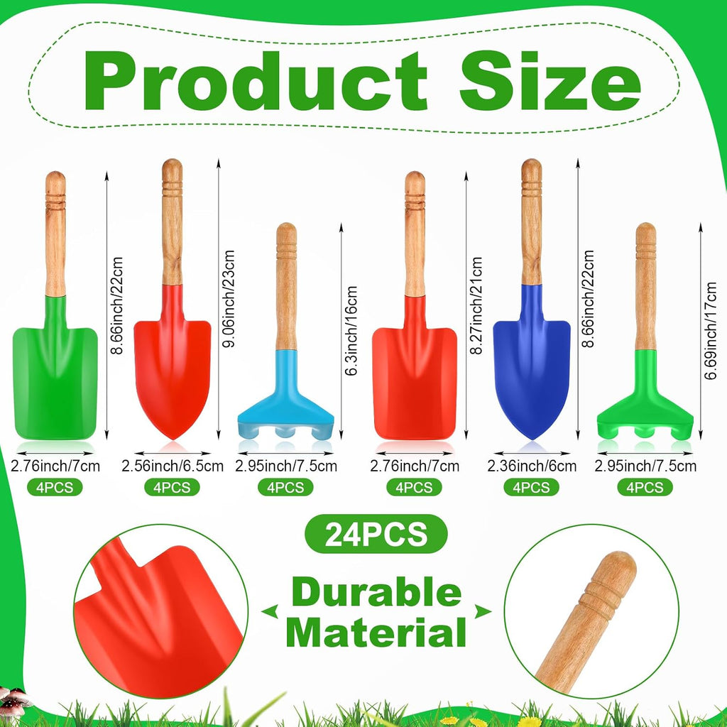 Gisafai 24 Pcs Kids Gardening Tools Set Metal Kids Garden Tools with Sturdy Wooden Handle Safe Toddler Gardening Set