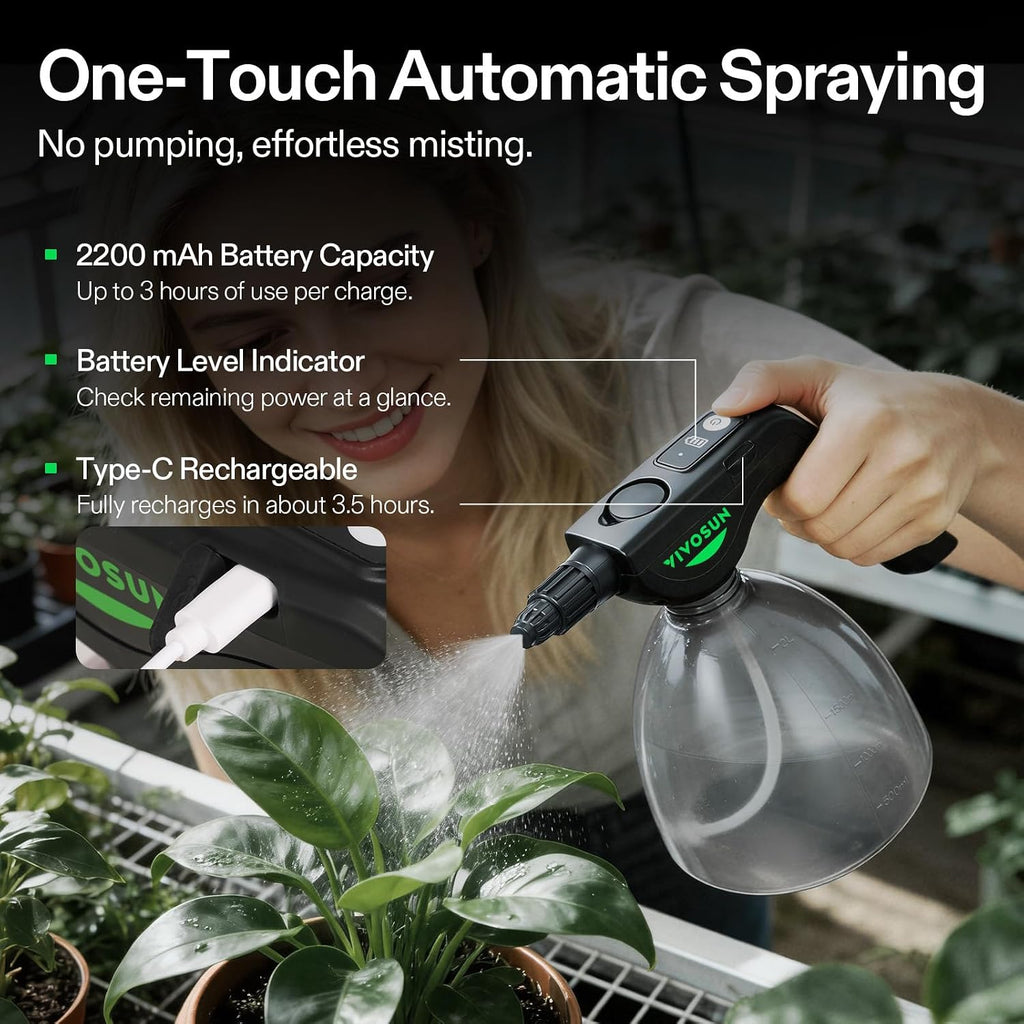 VIVOSUN 70oz Battery Powered Sprayer, Electric Spray Bottle | USB Rechargeable, Automatic Water Pump Plant Mister with