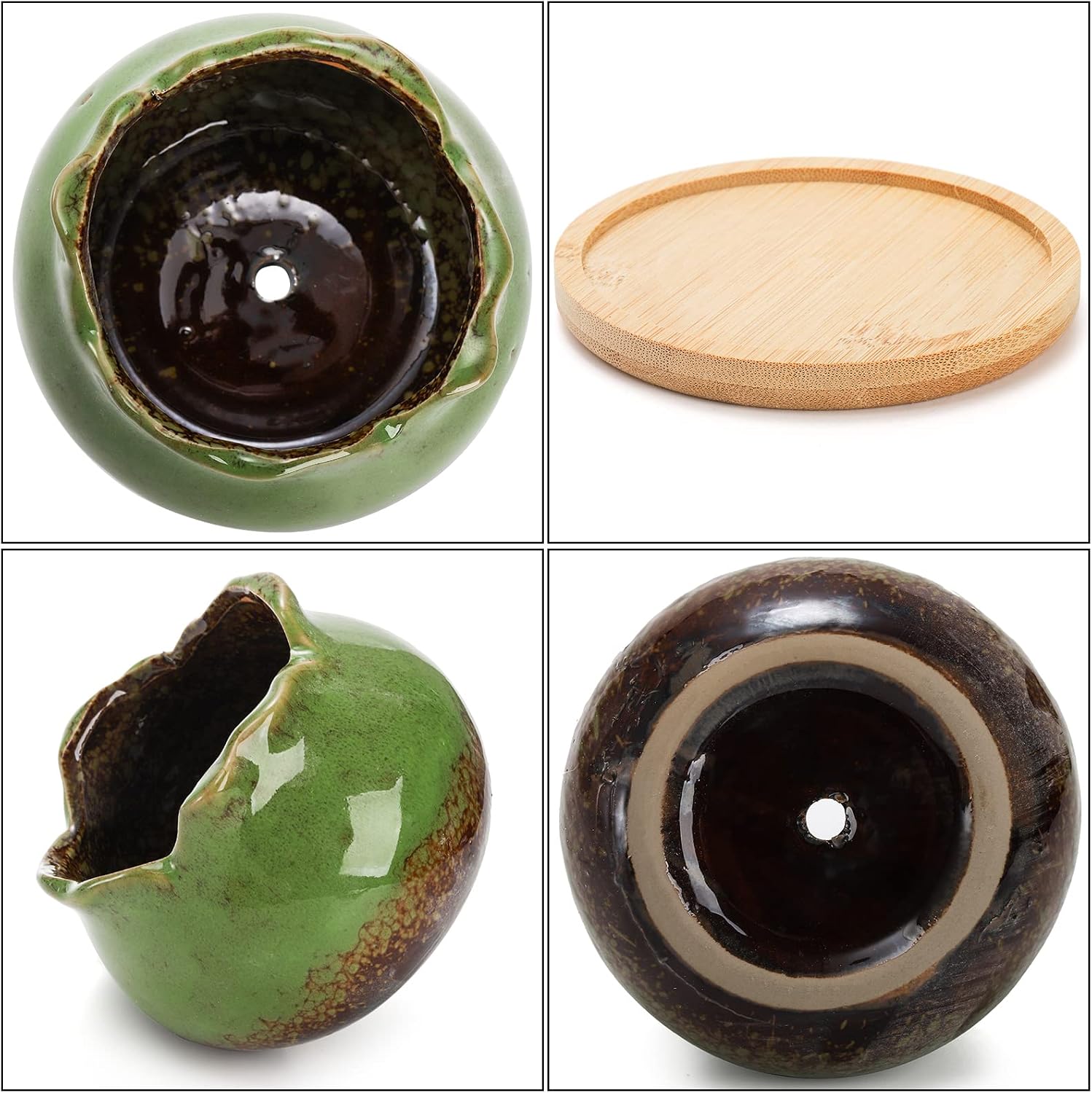 TOPZEA Set of 6 Succulent Plant Pots, 4 Inch Glazed Ceramic Pots with Drainage and Saucer, Mini Bonsai Planter Small