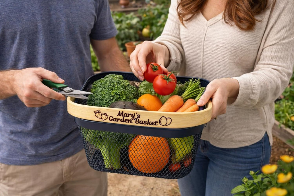 Garden Harvest Basket Dark Mesh Vegetable Hod with Bamboo Handle – Personalized Garden Basket for Harvesting Fruits