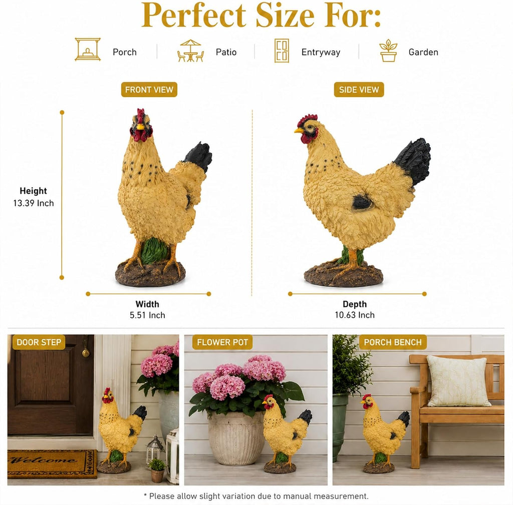 Outdoor Yellow Hen Statue for Garden, Yard & Flower Bed Decor | Weather-Resistant Resin, Chicken Figurine Adds