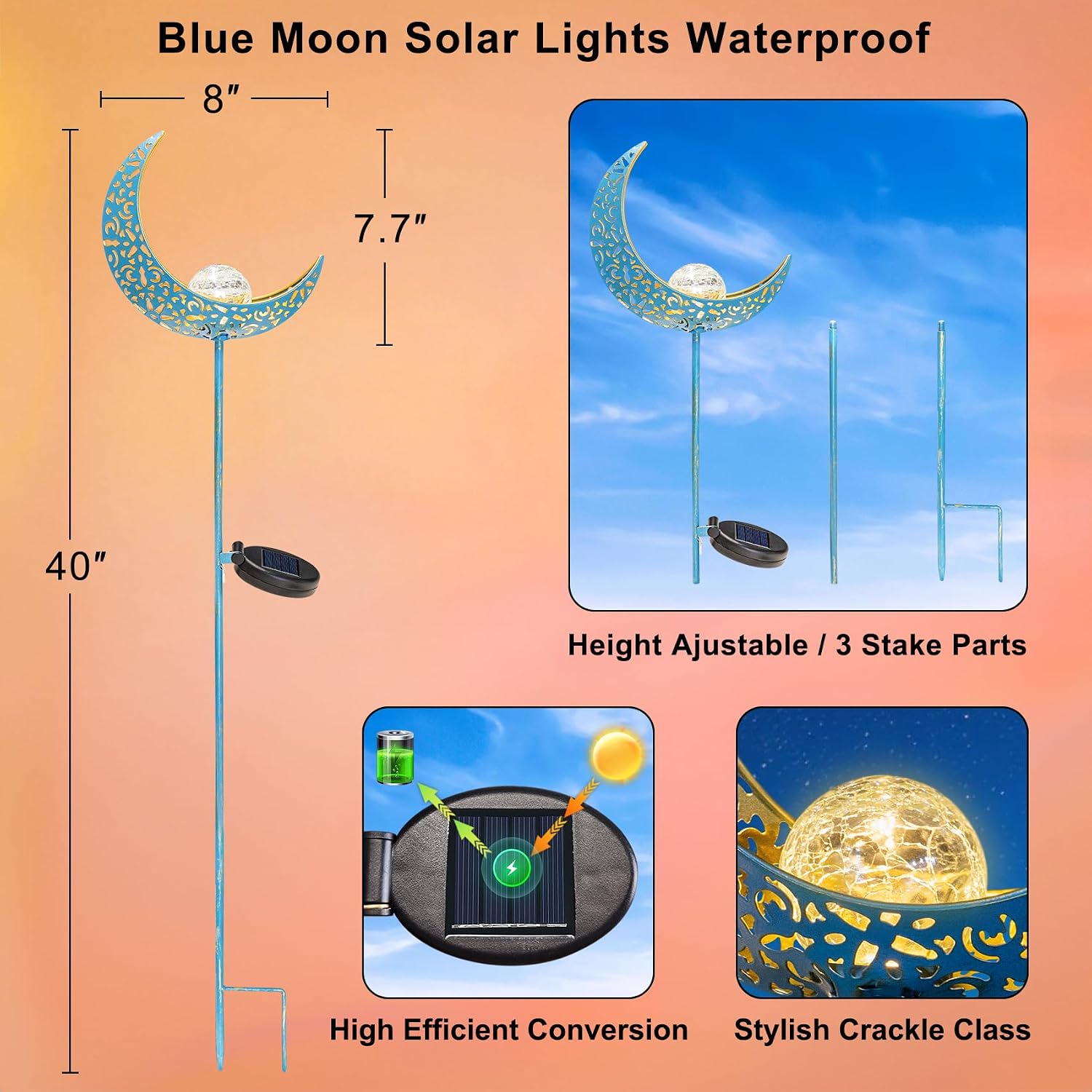 Moon Solar Garden Lights Outdoor Stakes, Waterproof Crackle Glass Metal Yard Lights for Lawn, Patio Accessories