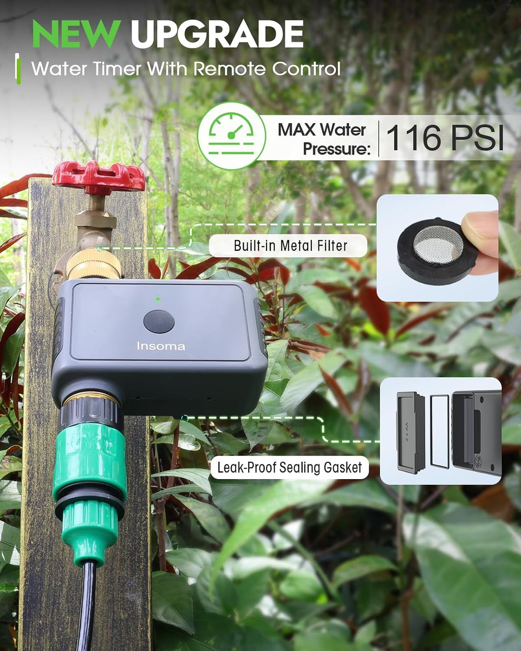 Insoma Remote Control Sprinkler Timer with Brass Inlet & Outlet, Garden Hose Timer Turns Water Off Automatically, Up to