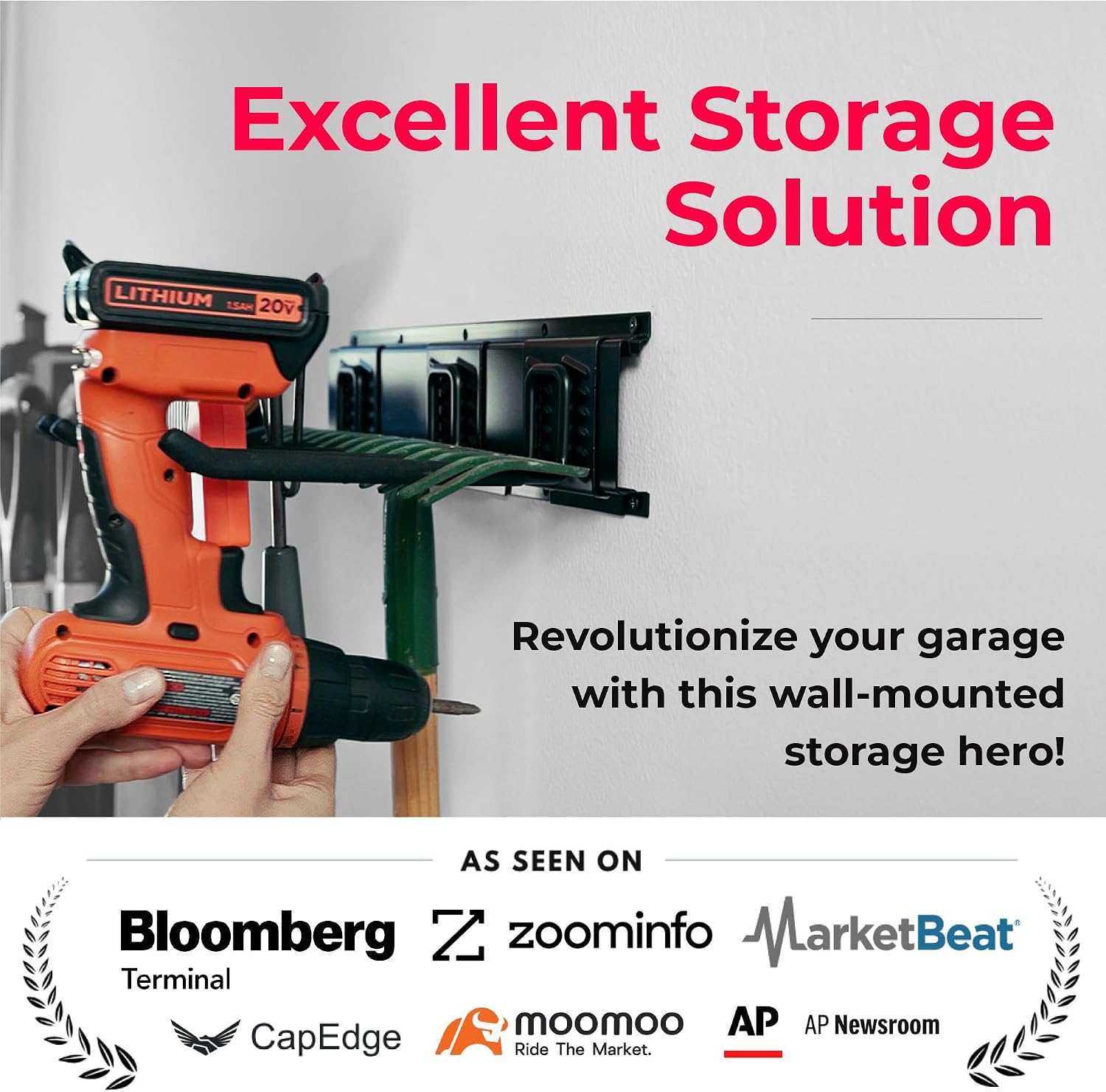 Garage Tool Organizer Wall Mount, 32", 2 Racks 4 Hooks, 200 lbs | 200 lbs, anti-rust carbon steel, garden tool