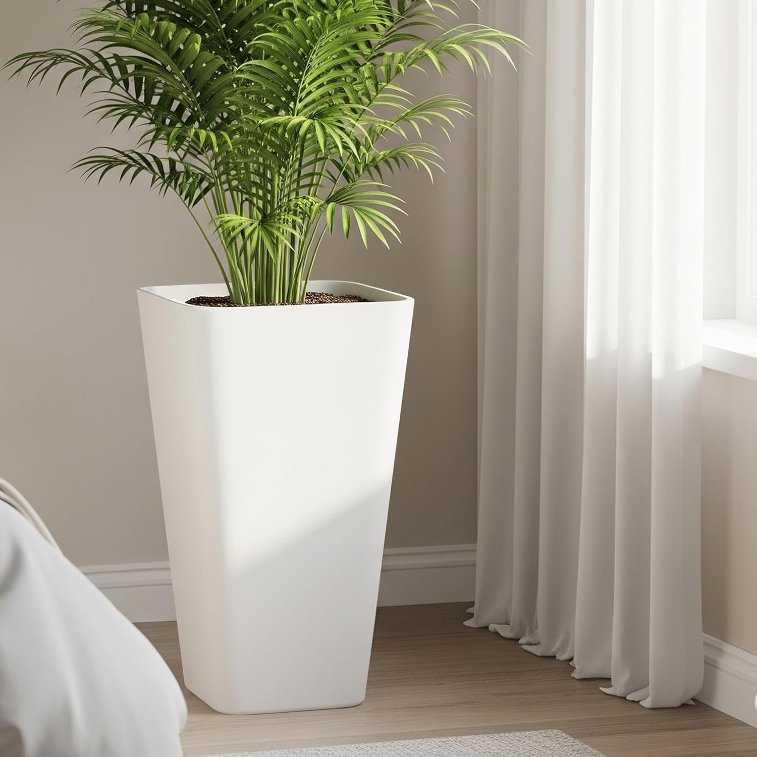 Worth Garden 20" Tall Planters Set of 2 – Large White Tapered Plastic Flower Pots for Indoor & Outdoor Use – Modern