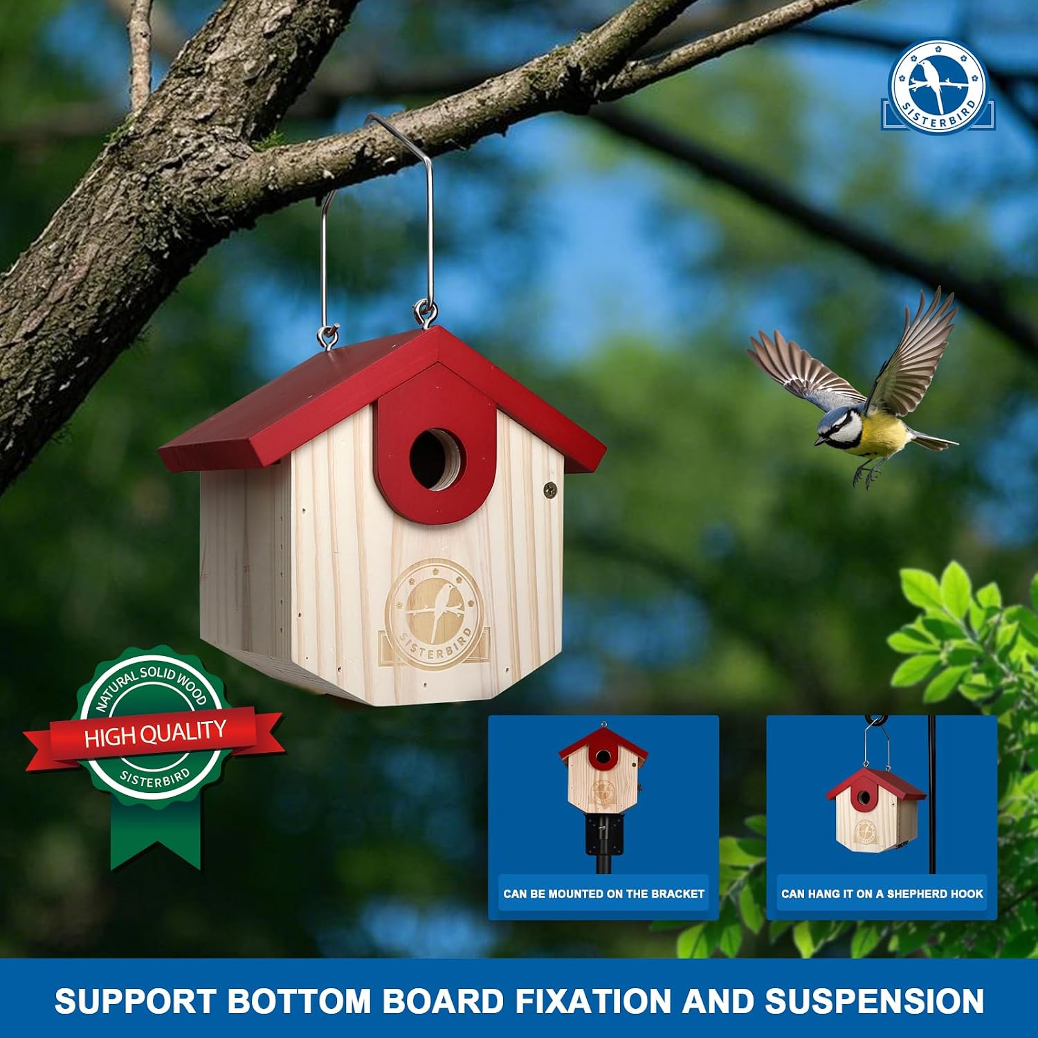SISTERBIRD Wren Bird Houses for Outside Cedar Hanging Birdhouses for Outdoors 1-1/8" Entrance Hole Bird Houses for