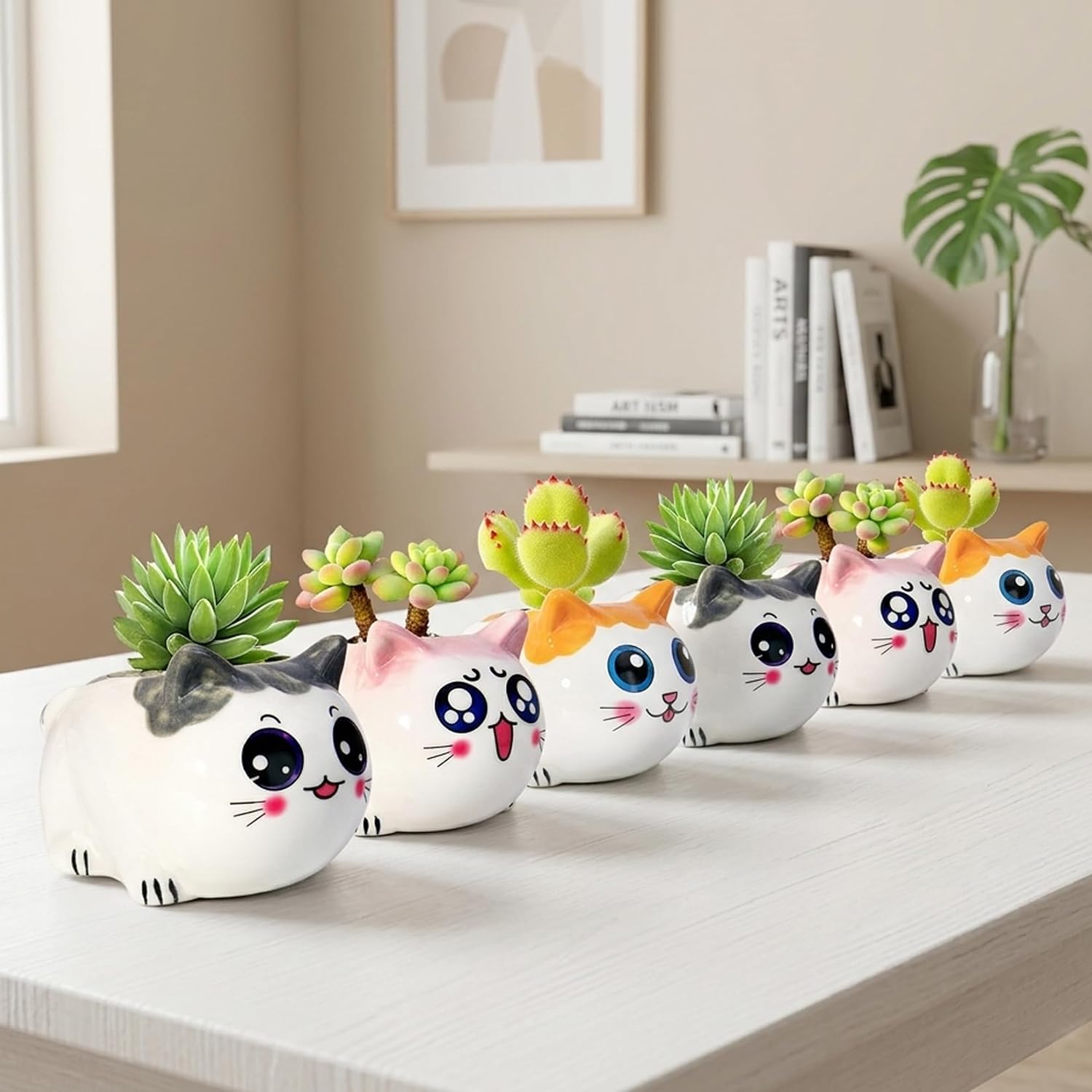 Cat Succulent Pots Set of 6 - Small Ceramic Animal Planters with Drainage | Cute Mini Flower Pots for Air Plants &