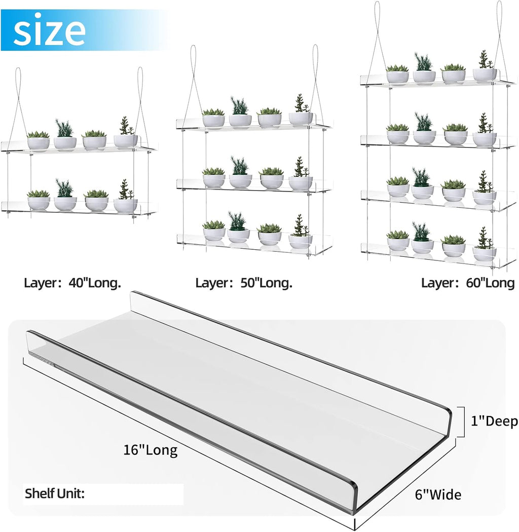 4-Tier Floating Acrylic Plant Shelf – Each Tier 16 Inch Long | Height Adjustable for Indoor Garden, Ideal for Herbs &
