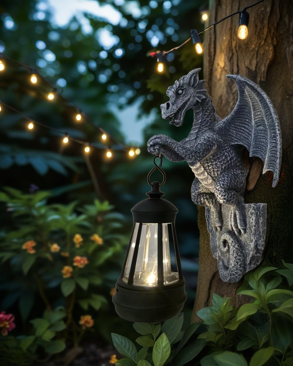 Solar-Powered Dragon Statue, 9 inch Outdoor Garden Decoration | Solar Light, Waterproof, Wall Hanging, Resin Sculpture