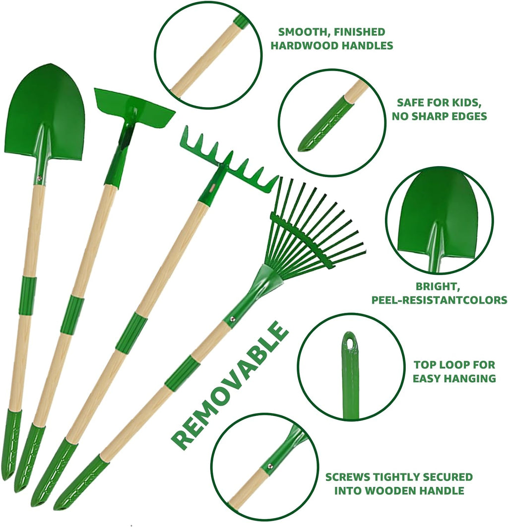 VICHTOP 10Pcs Kids Gardening Tools Set - Wheelbarrow Toys with Shovel, Rake, Hoe and Leaf Rake for Outdoor Backyard