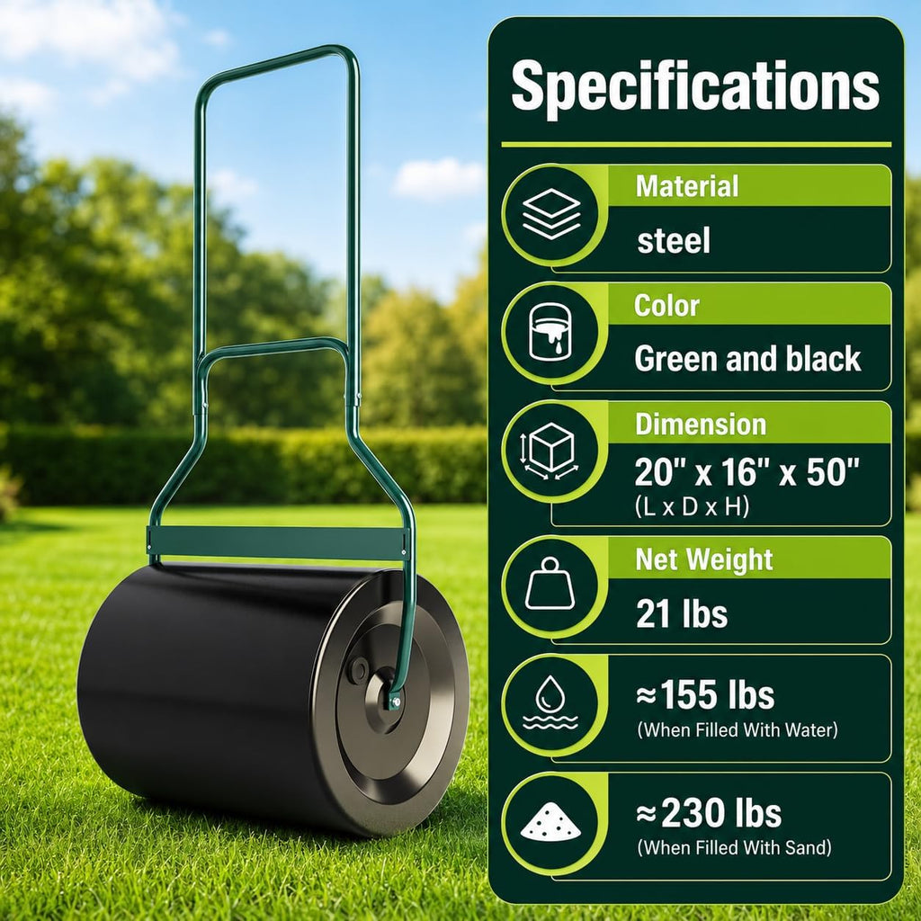 Arnot Lawn Roller, Heavy-Duty Push/Tow Behind Water/Sand Filled Roller for Park, Garden, Yard, Ball Field, 16x20-Inch