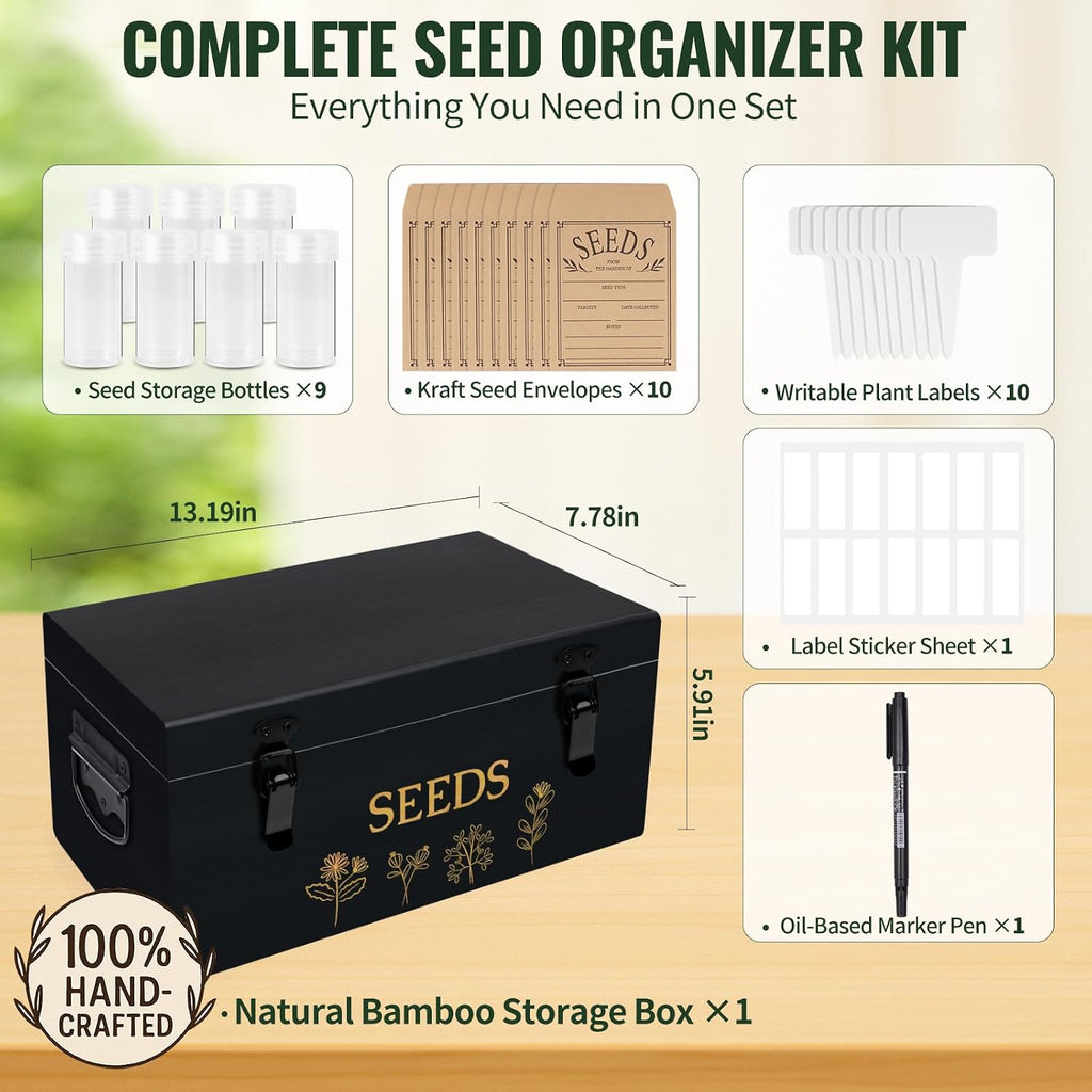 Large Bamboo Wood Seed Storage Organizer Box with Lid, Double-Layer Seal Design Seed Saving Box with Premium Coated