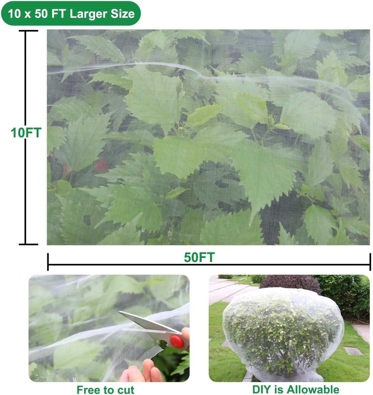 KLEWEE 10 x 50 FT Garden Mesh Netting, Ultra Fine Mesh Plant Netting Covers | Garden Netting for Raised Beds Vegetable