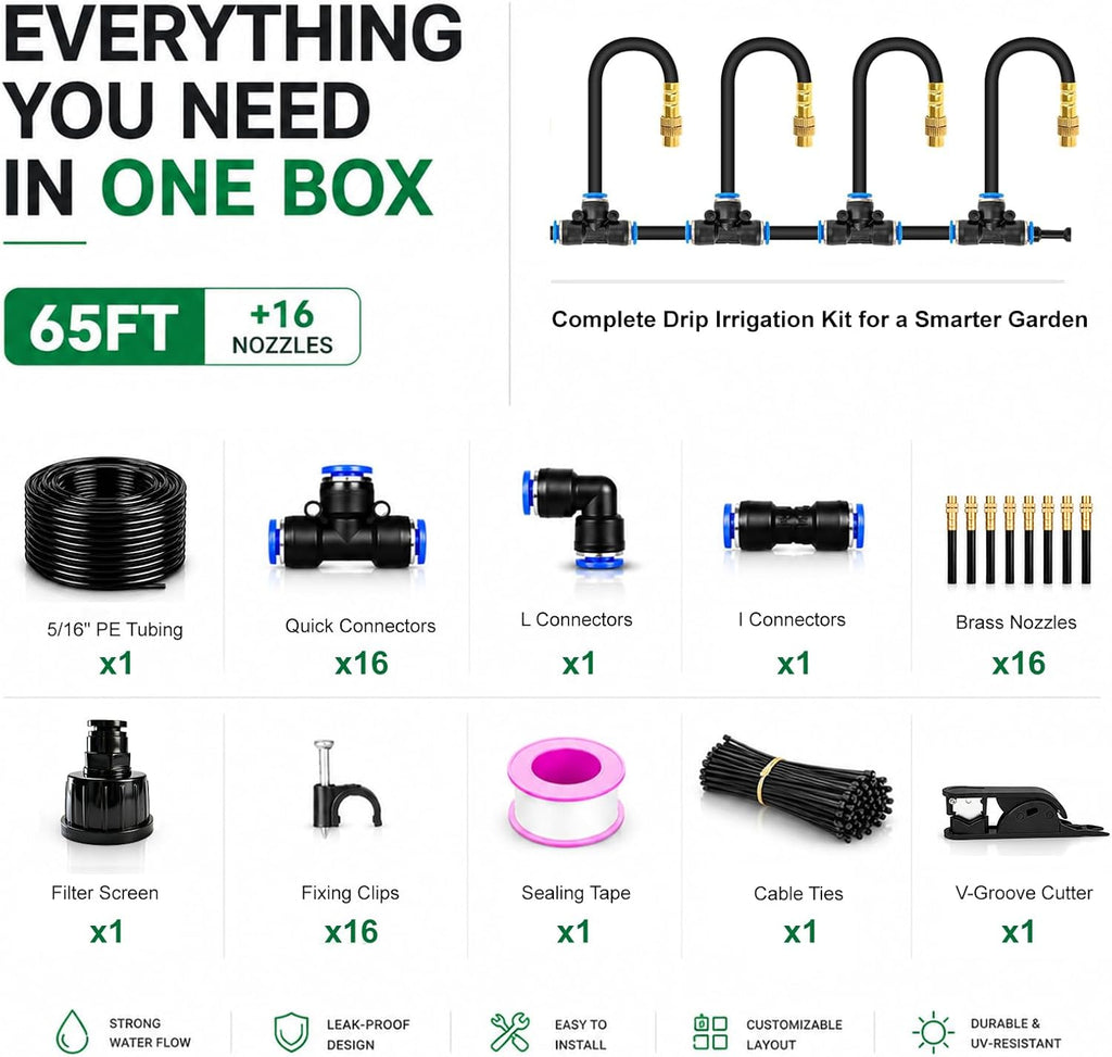 5/16" Drip Irrigation System 65 ft with 16-Pcs 360° Adjustable Copper Nozzles, Automatic Misting Watering System for