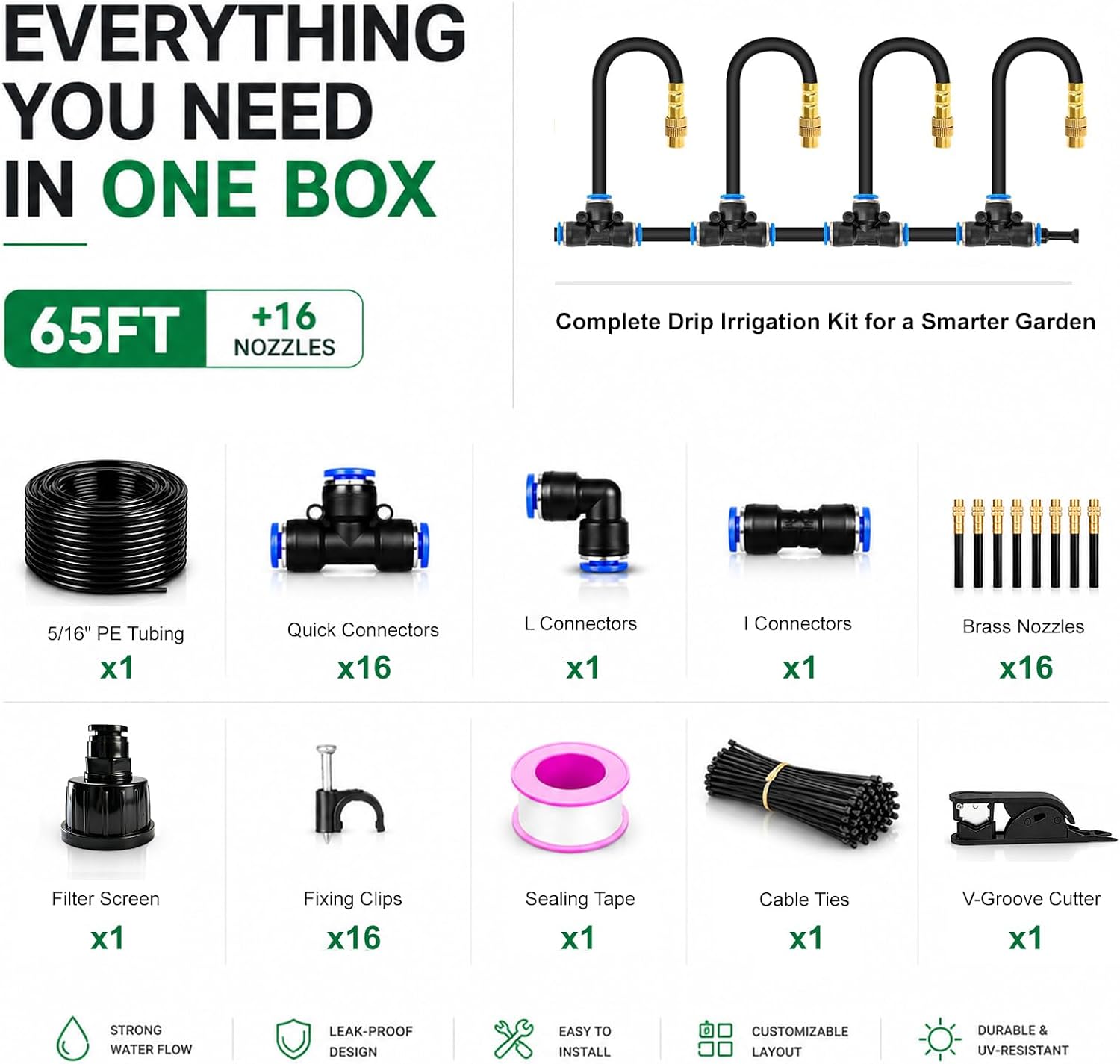 5/16" Drip Irrigation System 65 ft with 16-Pcs 360° Adjustable Copper Nozzles, Automatic Misting Watering System for