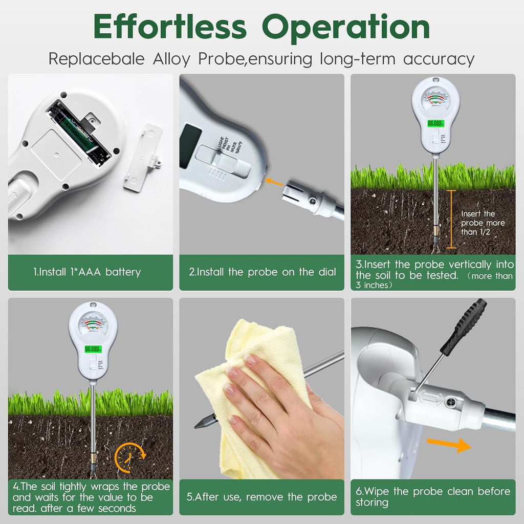 6-in-one Soil Test Kit-Soil Moisture Meter/PH Meter/Fertility/Sunlight Intensity Soil Tester, LCD Air