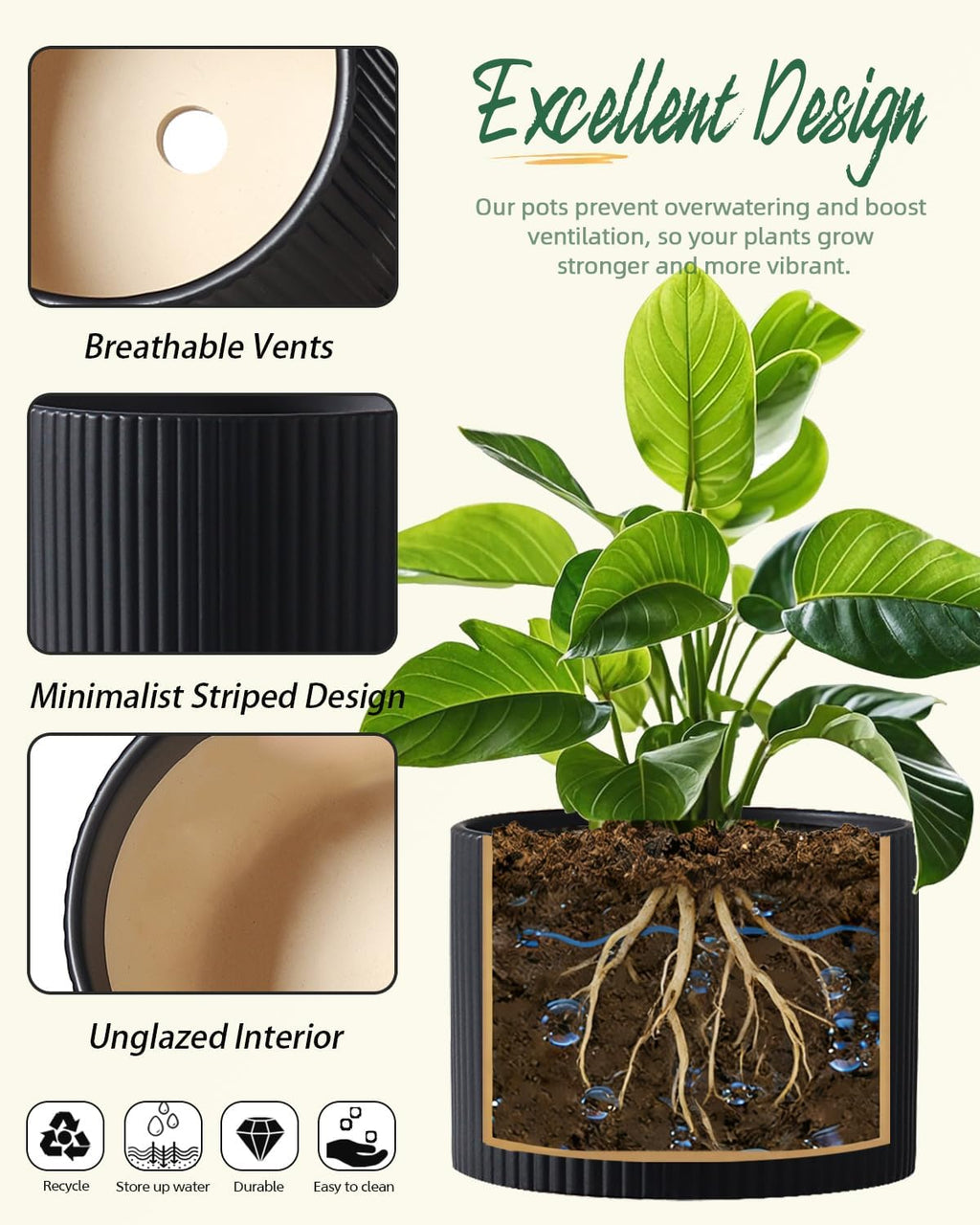 Matte Black Ceramic Plant Pots, 8.1 + 6 Inch Planters for Indoor Plants, Modern Flower Pots with Drainage, Two-Sizes Set