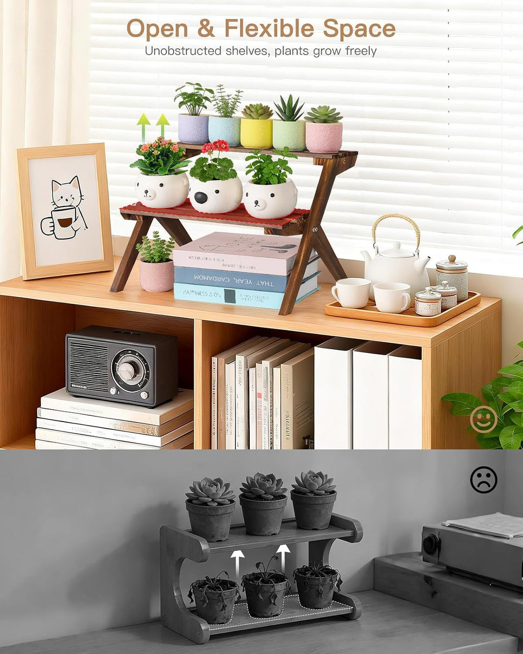 2 Tier Desktop Plant Stand, Wooden Windowsill Plant Shelf Indoor | X-Frame Tabletop Flower Stand, Ladder Succulent