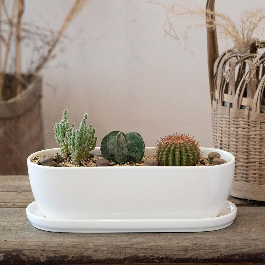 E-liu 11+14 inch Ceramic Plant Pots with Drainage Holes Saucers, Set of 2 | Rectangular Planters Indoor Flower