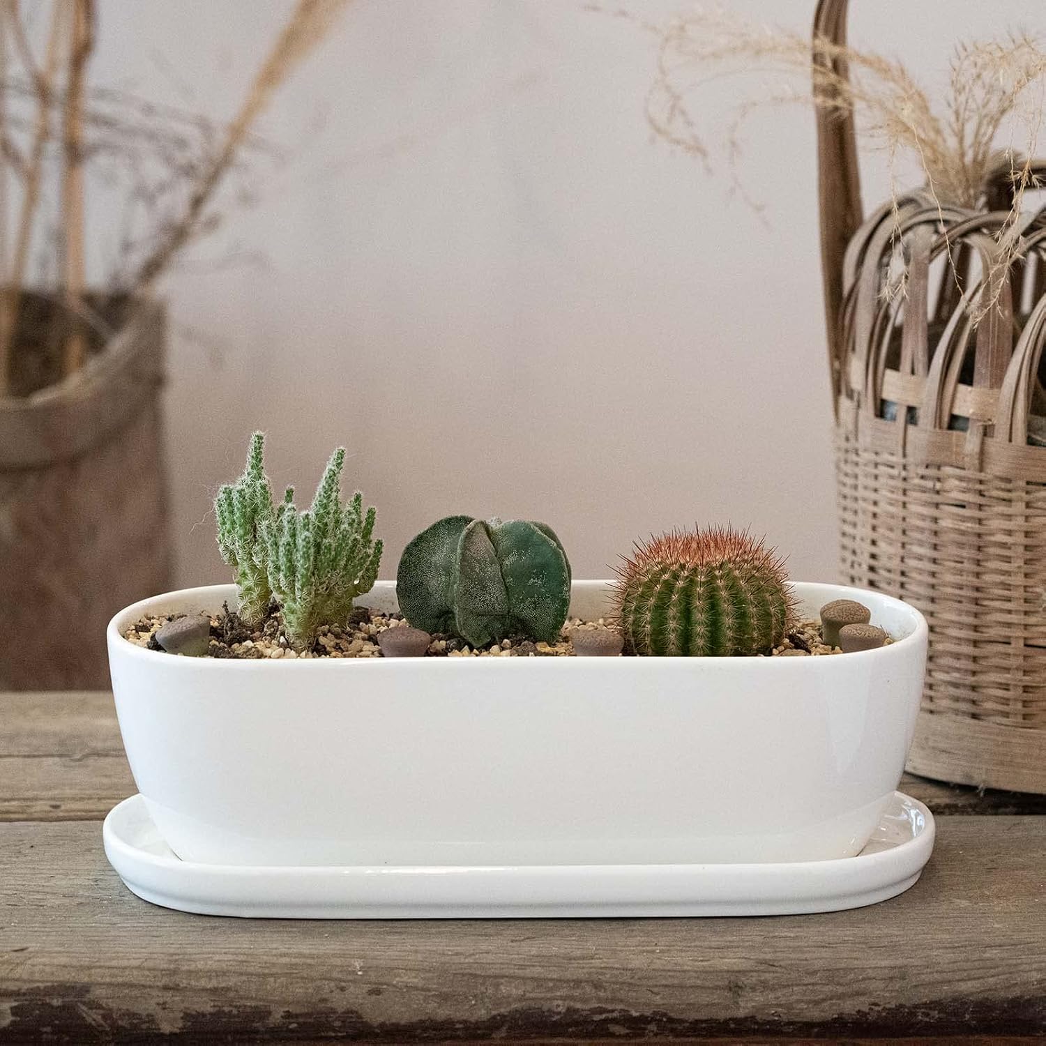 E-liu 11+14 inch Ceramic Plant Pots with Drainage Holes Saucers, Set of 2 | Rectangular Planters Indoor Flower