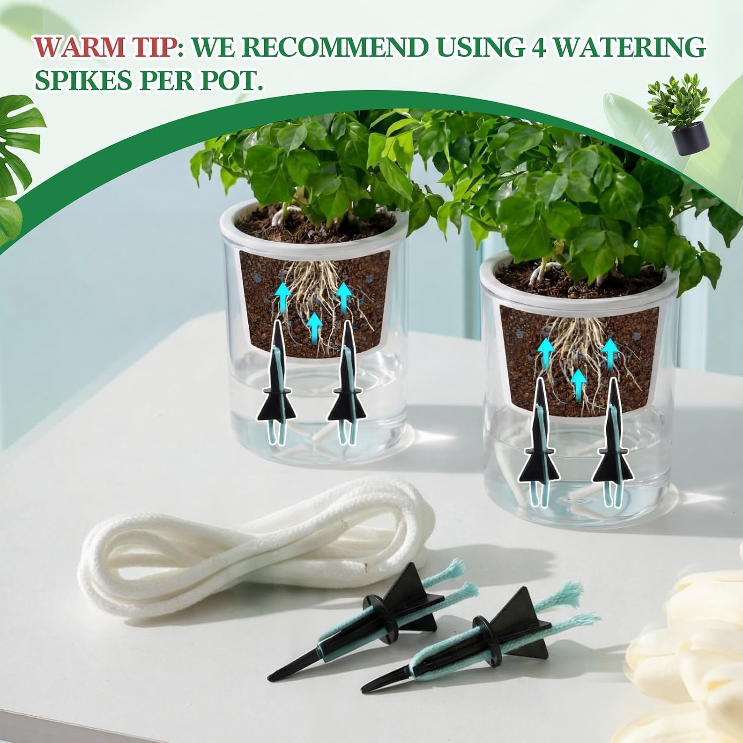 60 Pack Self Watering Spikes for Plants with Wick Rope,Small | 32.8ft Wick String for Potted Plant Pots, Automatic