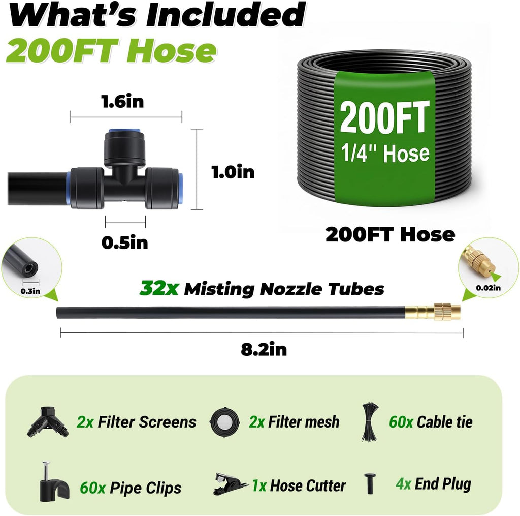 200 Ft 1/4 Inch Drip Irrigation System with 32 Copper Nozzles | Complete watering kit includes 32 adjustable copper