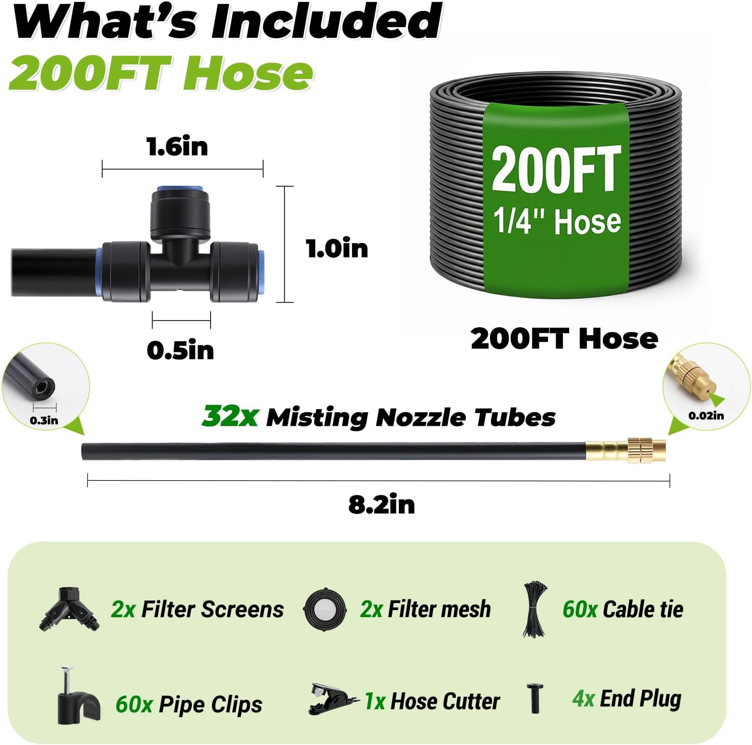 200 Ft 1/4 Inch Drip Irrigation System with 32 Copper Nozzles | Complete watering kit includes 32 adjustable copper