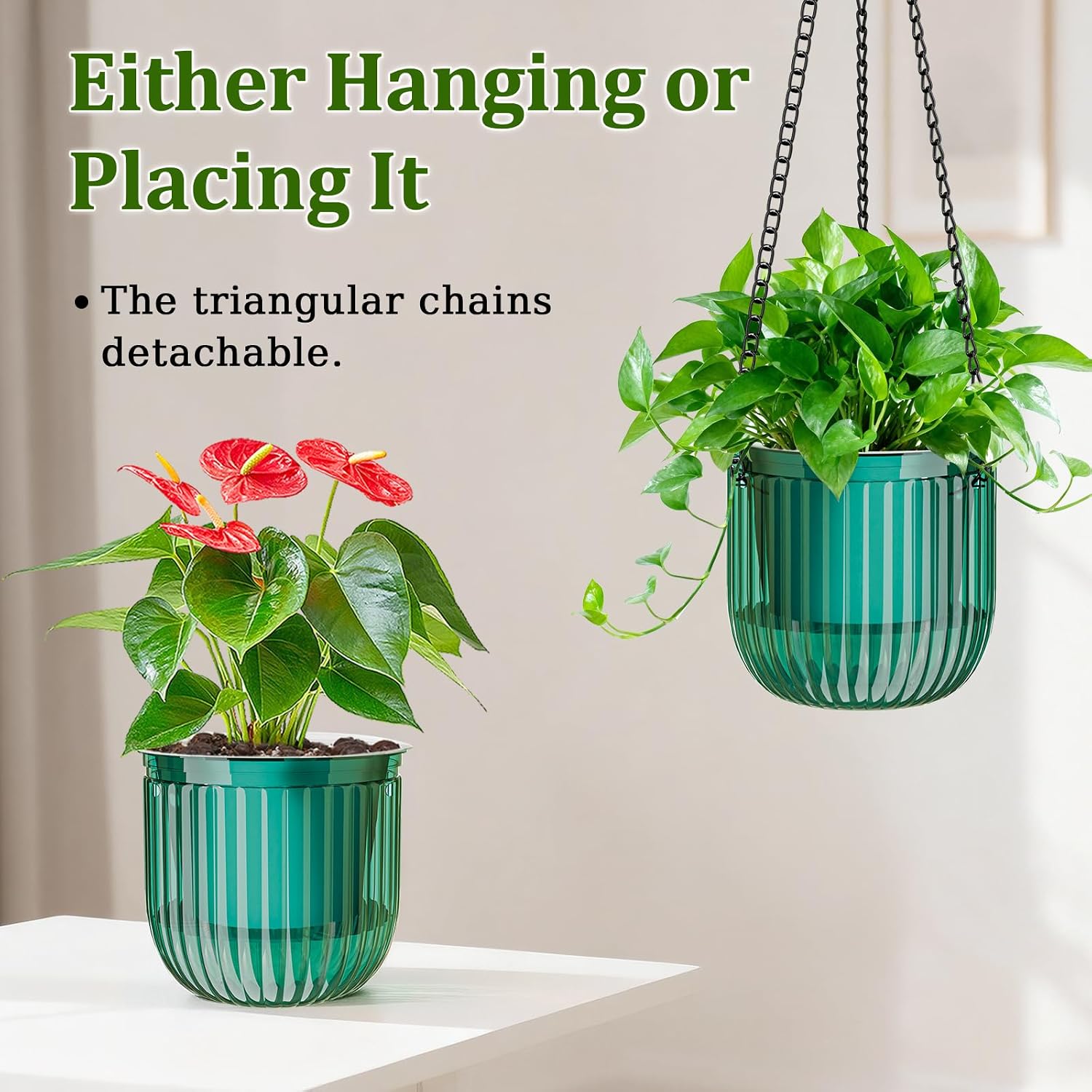 Halatool 2 Pack 8.3 Inch Self-Watering Hanging Planters for Indoor Plants, Outdoor Flower Pots with 2 Metal Chains