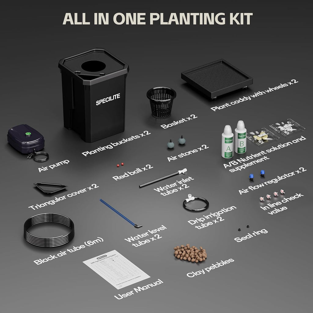 SPECILITE 7 Gallon 2 Buckets DWC Hydroponics Grow System with Wheels | Top Drip Kit, Deep Water Culture Recirculating