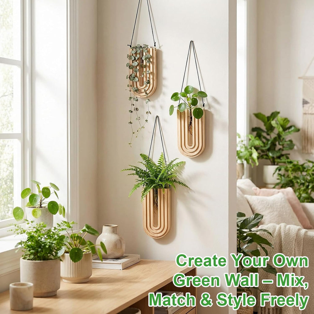 Set of 4 Wooden Wall Planter Vase Hanging Propagation Stations Glass Plant and Flower Vases Wall Plant Holder for