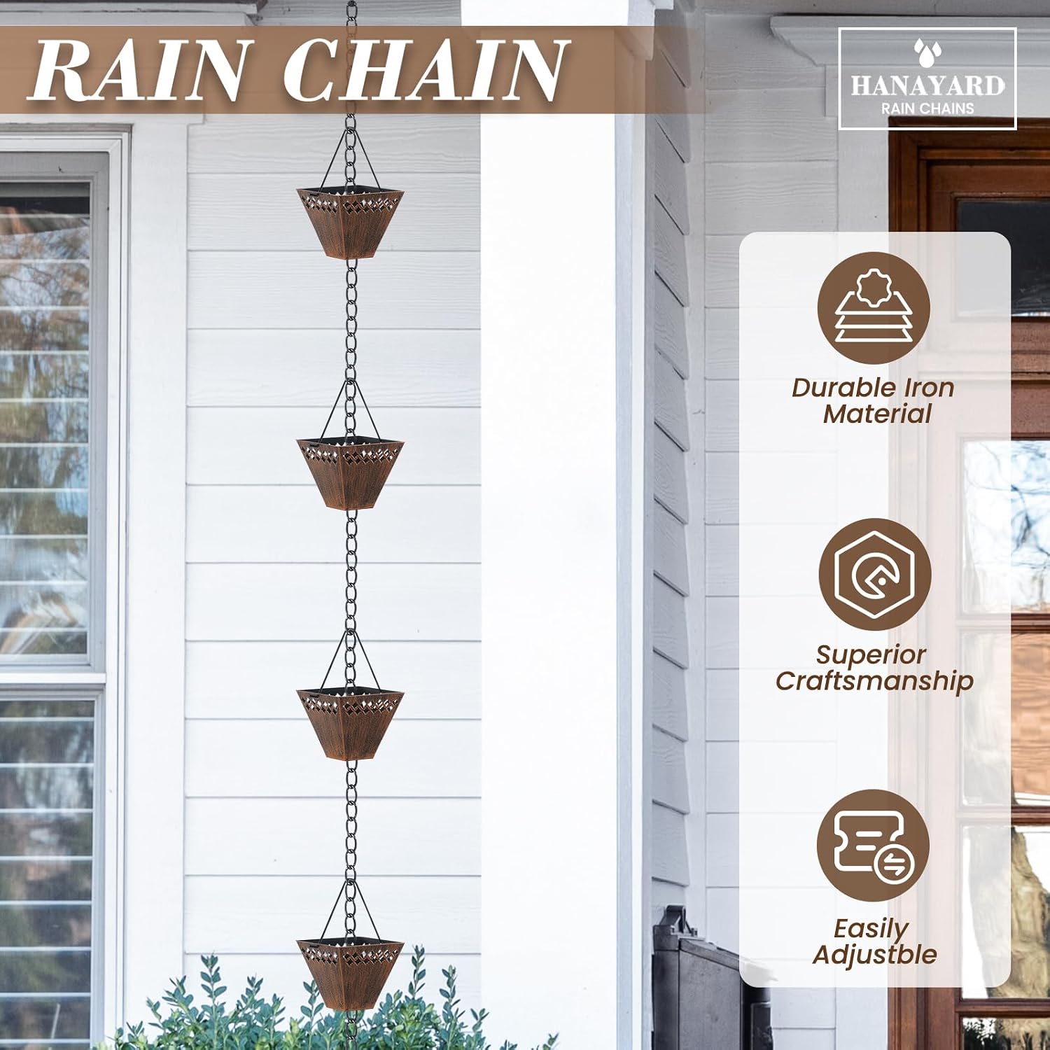 Square Rain Chain Gutter Downspout Copper Rain Chains for Gutters with 12 Cups, Adjustable Rain Catcher Chain with Bell