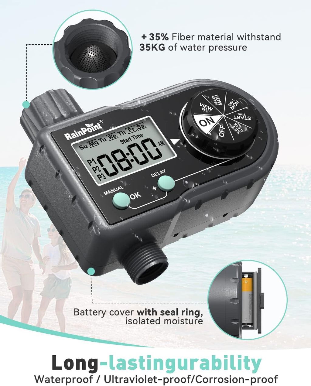 RAINPOINT Sprinkler Timer, Hose Timer with 3 Individual Programs, Water Timer for Garden Hose Faucet, Programmable