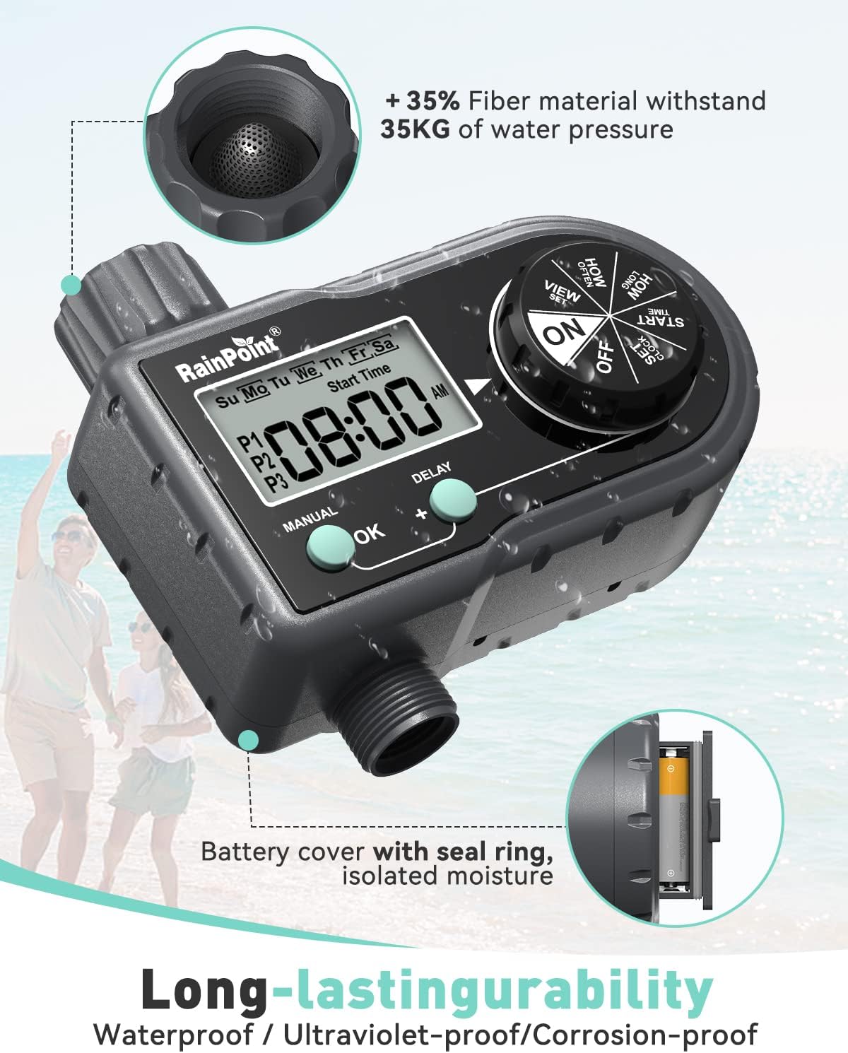 RAINPOINT Sprinkler Timer, Hose Timer with 3 Individual Programs, Water Timer for Garden Hose Faucet, Programmable