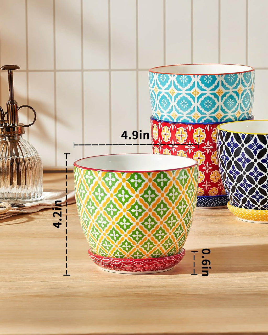 Metahom Ceramic Plant Pots, 4.9 Inch Flower Pots with Drainage Hole & Saucer, Colorful Planter Pots for Houseplants