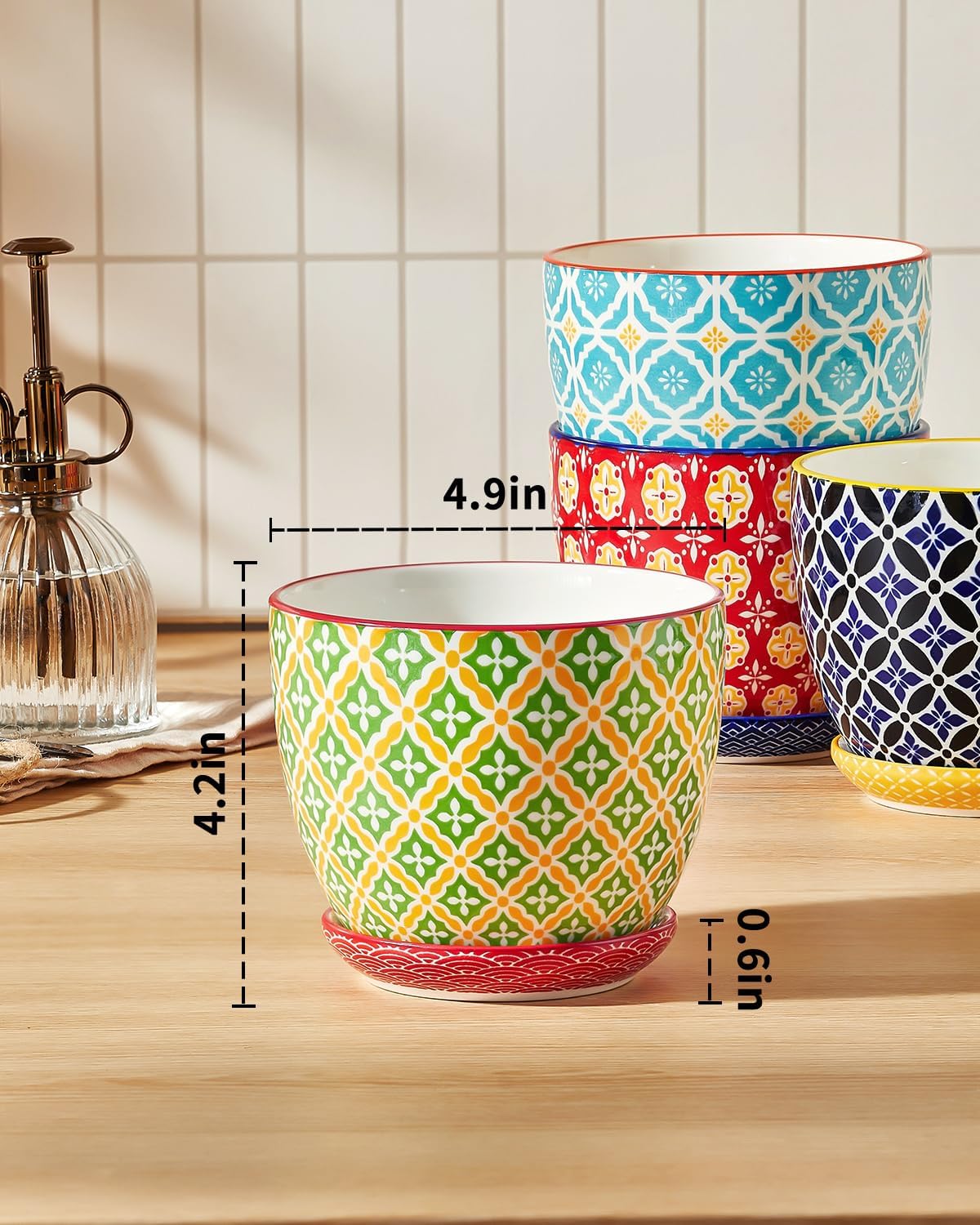 Metahom Ceramic Plant Pots, 4.9 Inch Flower Pots with Drainage Hole & Saucer, Colorful Planter Pots for Houseplants