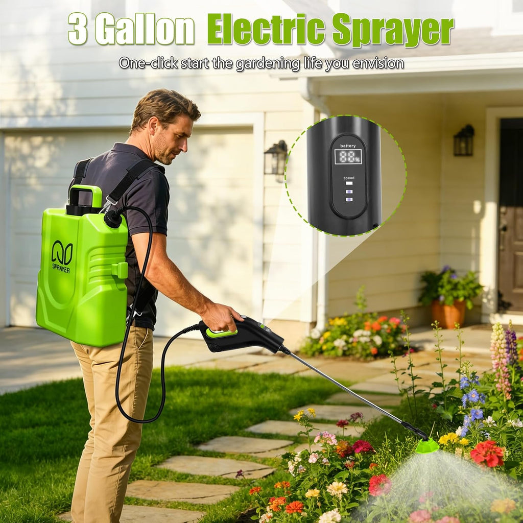 Battery Powered Backpack Sprayer 3 Gallon, Electric Garden Sprayer in Lawn | Digital Display, 3 Adjustable Pressures