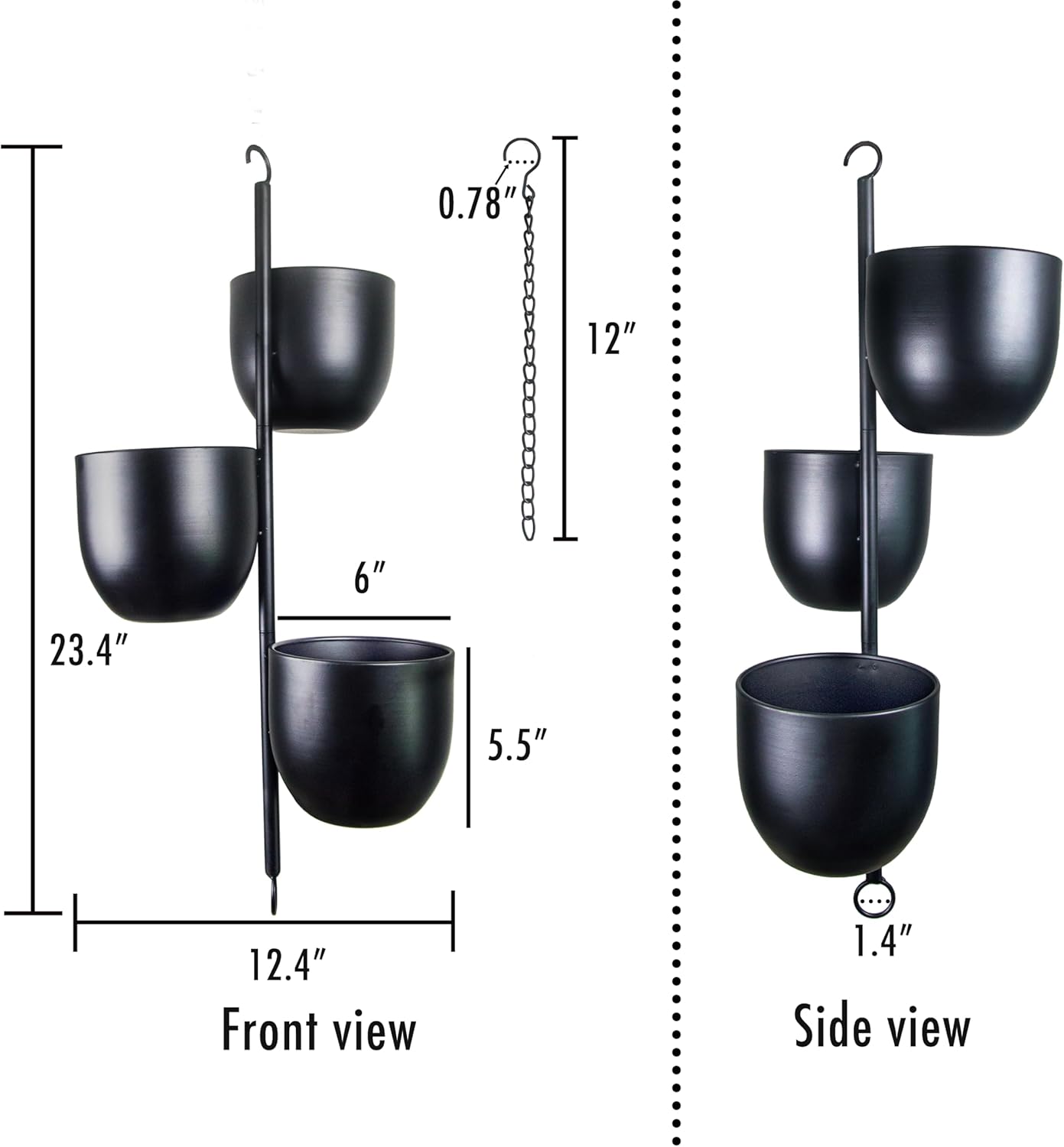 3-Tier Metal Hanging Planter with 6 Inch Oval Pots - Black Modern Triple Tiered Plant Hanger - Vertical Stackable Wall
