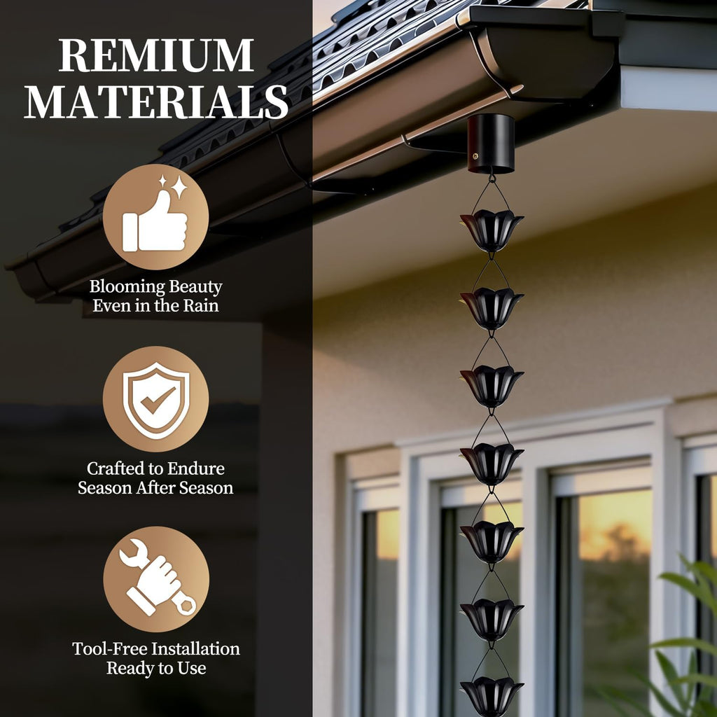 Rain Chains for Gutters Outside Black with Adapter 8.5FT 16 Cups | Rain Catcher Chain for Heavy Rain,Rust