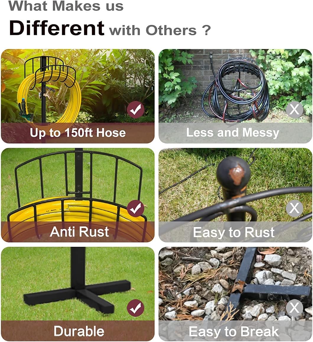 Freestanding Garden Hose Holder Stake with Brass Faucet, Heavy Duty Metal Water Pipe Storage Stand Rack for Outdoor