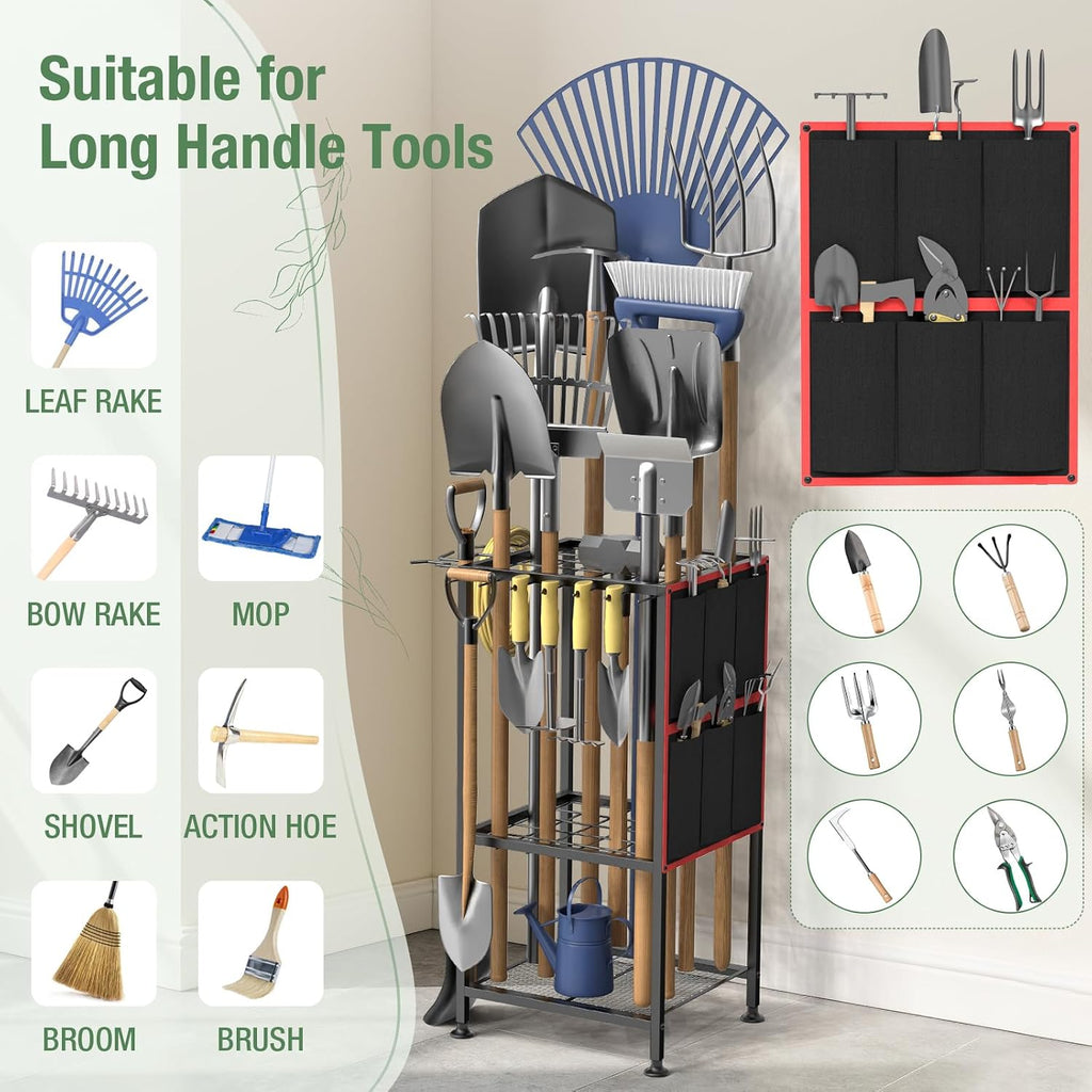 Garden Tool Organizer,Metal Yard Tool Organizer ,Holds 50 Long-Handled Tools/Rakes/Brooms,Side Garden Pocket ,Heavy