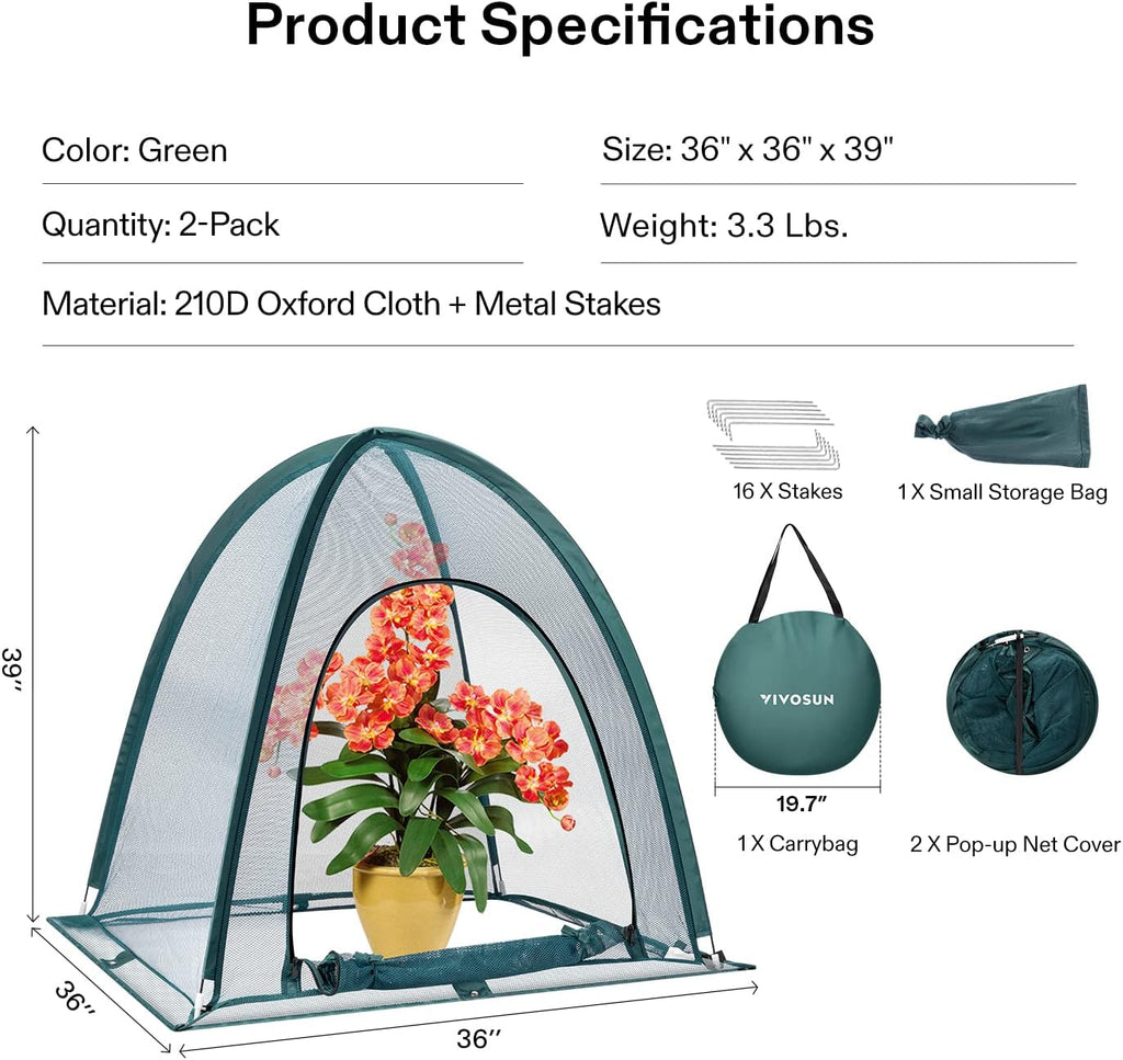 VIVOSUN Garden Netting Cover, 36 x 36 x 39 Inch Pop-up Guard Cover with Zip Entry for Plants, Vegetables, Fruits