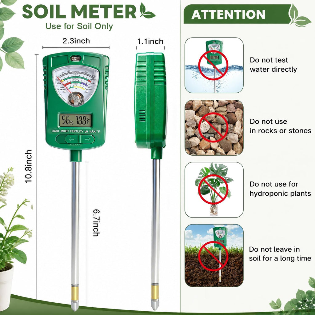 7-in-1 Soil Test Kit with 90° Rotatable Head, Soil Tester for Moisture/pH/Light Intensity/Fertility, Digital Screen for