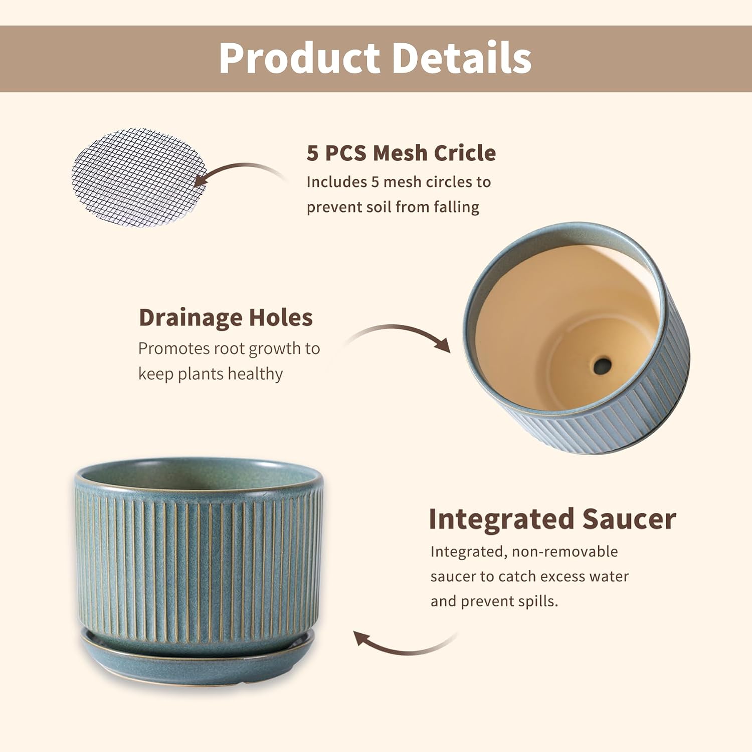 SURE YUESI Ceramic Plant Pots Set of 3, Indoor Outdoor Planters with Drainage Hole and Saucer, Ceramic Flower Pots for