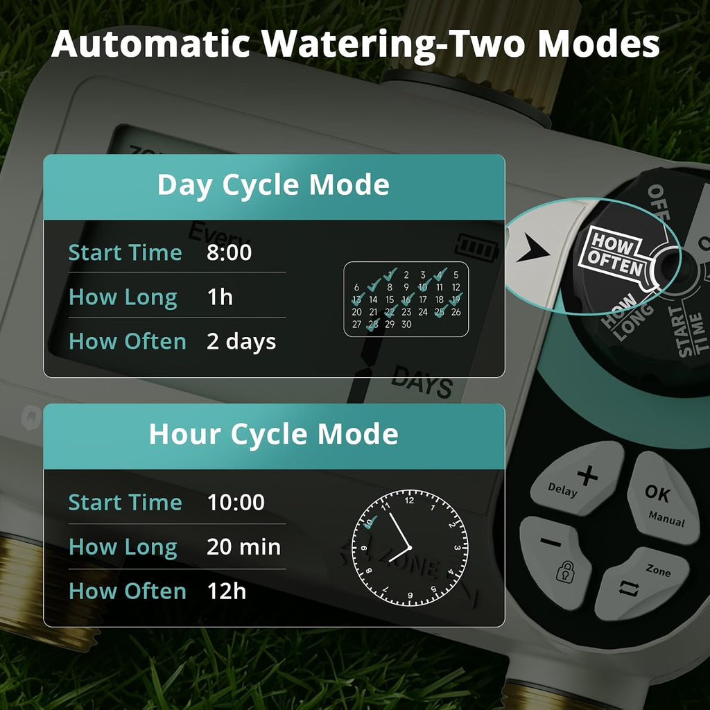 QUOBAS Zero Pressure Water Timer, Brass Sprinkler Timer for Garden Hose | Programmable Hose Timer with Child Lock, Rain