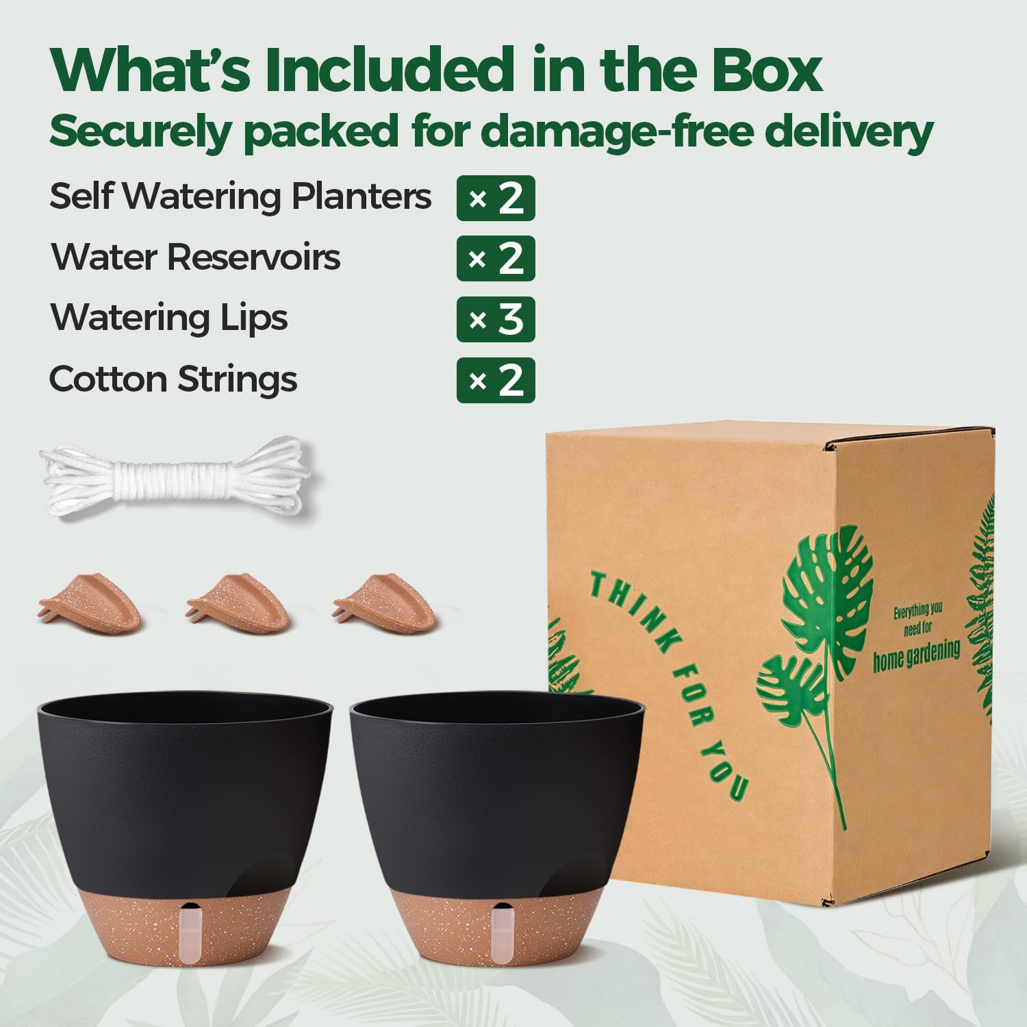 T4U Self Watering Pots for Indoor Plants, 10 Inch, 2 Pack, Black | Visible water level window, Monstera pothos and ZZ