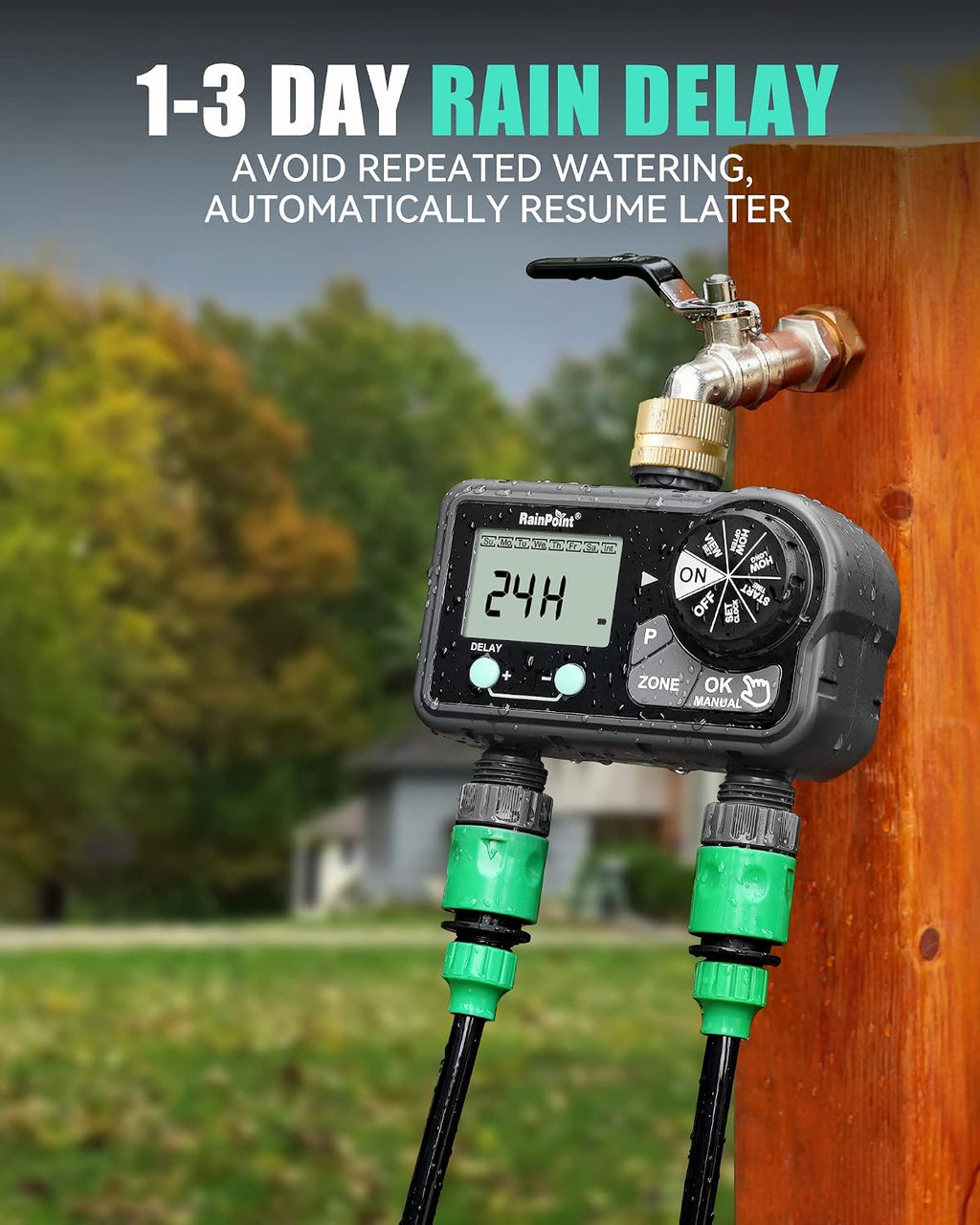 RAINPOINT Brass Sprinkler Timer 2 Stations, Large Digital Water Timer for Garden Hose with 6 Programmable Procedure